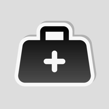 ilk yardım çantası, basit simgesi. Etiket tarzı ile beyaz ve gri arka plan üzerinde basit gölge