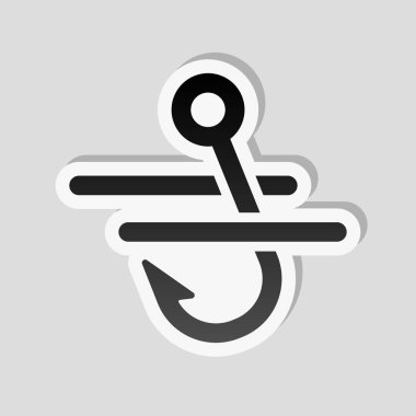 Balıkçılık kanca ve su. Basit simgesi. Etiket tarzı ile beyaz ve gri arka plan üzerinde basit gölge