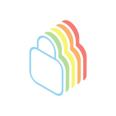 Basit kilit simgesi. Doğrusal sembol, ince anahat. Beyaz arka plan üzerinde renkli izometrik simgeler yığını