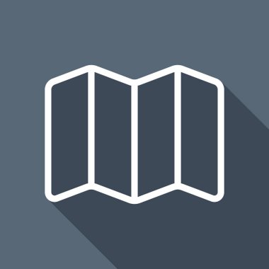 Basit harita simgesi. Doğrusal sembolü ile ince anahat. Uzun Gölge arka plan üzerinde beyaz düz simgesi