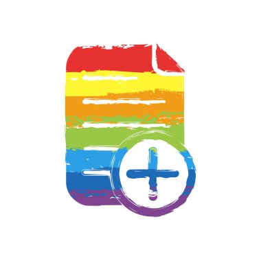 Belge simgesi, kağıt eklemek ve artı bir dairede. Çizim işaretiyle Lgbt stil, gökkuşağı (kırmızı, turuncu, sarı, yeşil, mavi, Indigo, menekşe, yedi renk