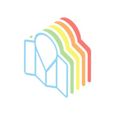 İşaretçi simgesi basit harita. Doğrusal sembolü ile ince anahat. Beyaz arka plan üzerinde renkli izometrik simgeler yığını