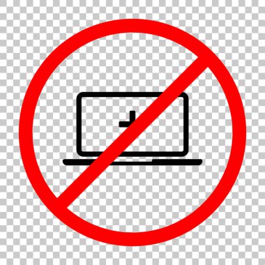 Laptop ya da defter bilgisayar ekranında Tıbbi çapraz. Basit simgesi. Siyah kırmızı uyarı işareti şeffaf arka plan ile nesnesinde izin yok