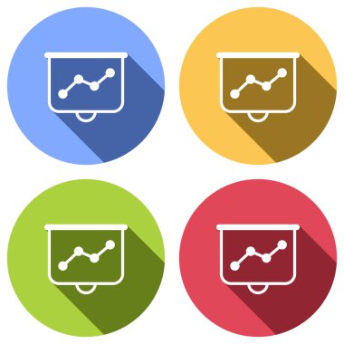 Projektörü ekran için sunumlar, ekonomi grafik büyümek. Mavi, turuncu, yeşil ve kırmızı renkli daireler uzun gölge ile beyaz simgeler kümesi. Etiket tarzı