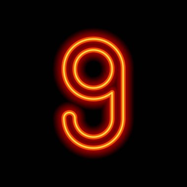 Sayı dokuz, sayısal, basit mektup. Siyah arka plan üzerine portakal neon tarzı. Işık simgesi