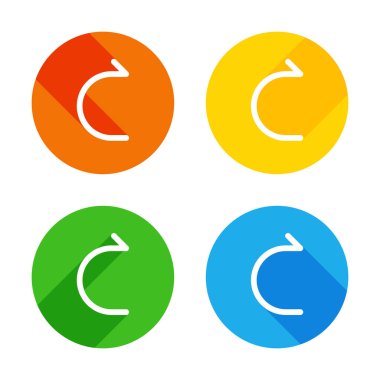 Basit ok, ileri. Doğrusal, ince anahat. Renkli daireler arka plan düz beyaz simgesi. Dört farklı uzun gölgeler her köşe