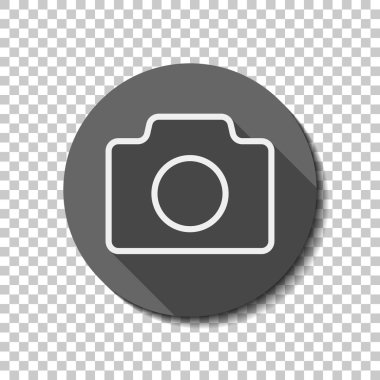 Fotoğraf makinesi, ince anahat, basit simgesi ile doğrusal sembolü. Saydam arka plan üzerinde bir dairede uzun gölge beyaz düz simgesi. Rozet veya etiket stili