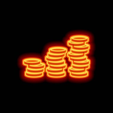 Sikke yığını, ekonomi büyür. Siyah arka plan üzerine portakal neon tarzı. Işık simgesi