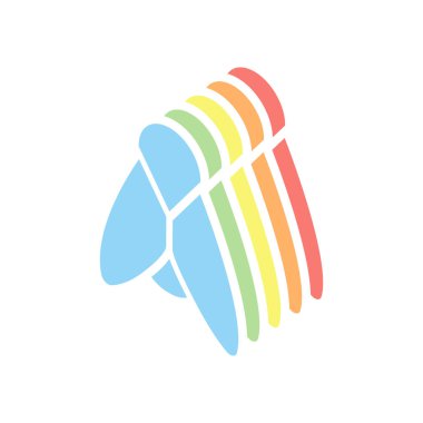 Sinek silüeti. Böcek, doğa simgesi. Beyaz arka plan üzerinde renkli izometrik simgeler yığını