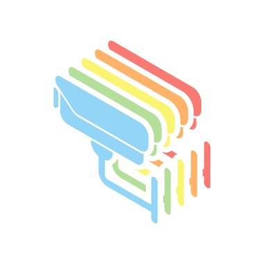 Güvenlik kamerası. Teknoloji simgesi. Beyaz arka plan üzerinde renkli izometrik simgeler yığını