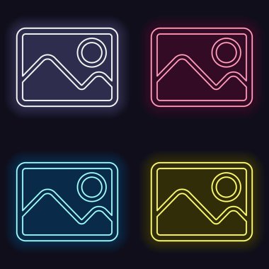 Dağlar ve güneş çift ile hayal et. Basit doğrusal simgesi. Neon işareti kümesi. Koyu arka plan üzerinde casino tarzı. Seamless modeli