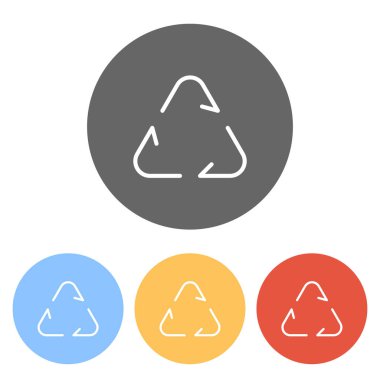 Geri dönüşüm veya simgesini yeniden kullanabilirsiniz. İnce oklar, doğrusal tarzı. Renkli daireler üzerinde beyaz simgeler kümesi