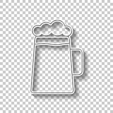Bira cam fincan. İnce anahat ile basit doğrusal simgesi. Gölge şeffaf arka plan üzerinde beyaz anahat işaretiyle