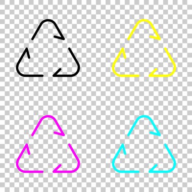Geri dönüşüm veya simgesini yeniden kullanabilirsiniz. İnce oklar, doğrusal tarzı. Cmyk simgeleri şeffaf arka plan üzerinde renkli dizi