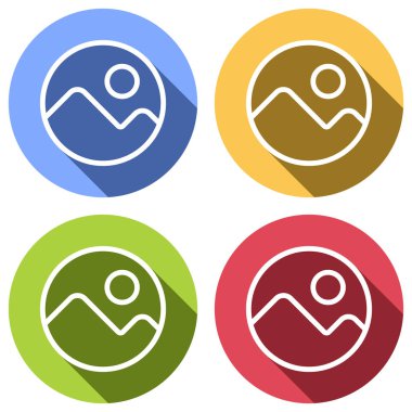 Basit resim simgesi. Doğrusal sembol, ince anahat. Mavi, turuncu, yeşil ve kırmızı renkli daireler uzun gölge ile beyaz simgeler kümesi. Etiket tarzı