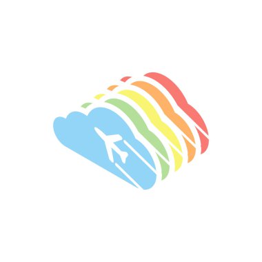 Uçak ve bulut. Basit simgesi. Logosunu görmeniz gerekir. Beyaz arka plan üzerinde renkli izometrik simgeler yığını