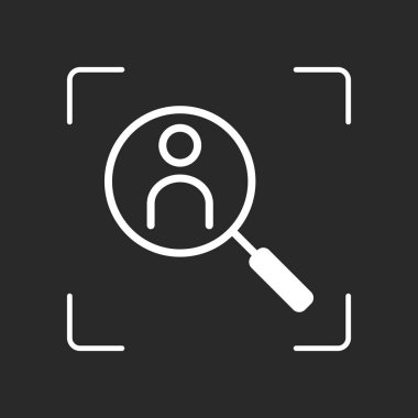 İnsan secource, arama profili. Doğrusal simgesi, ince anahat. Beyaz nesne kamera otomatik odaklama koyu arka plan üzerinde