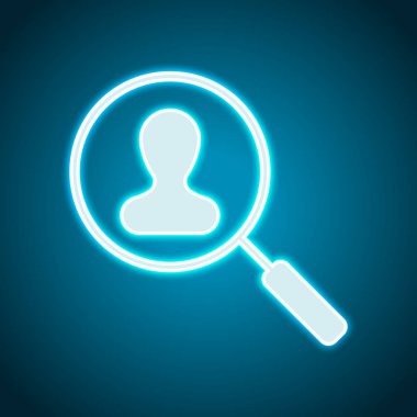 İnsan kaynakları simgesi. Büyüteç Camı kişi simge. Arama profili. Neon tarzı. Işık dekorasyon simgesi. Parlak elektrik sembolü