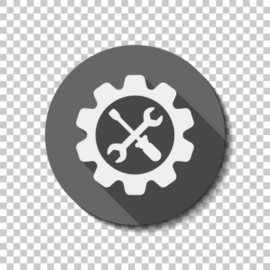 İngiliz anahtarı ve tornavida dişli. düz simgesi, uzun gölge, daire, şeffaf ızgara. Rozet veya etiket stili