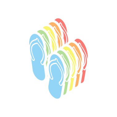 Plaj terlikleri. Flip flop simgesi. Beyaz arka plan üzerinde renkli izometrik simgeler yığını