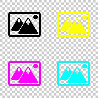 Dağlar ve güneş çift ile hayal et. Basit simgesi. Cmyk simgeleri şeffaf arka plan üzerinde renkli dizi