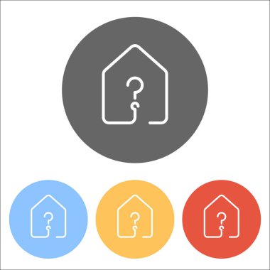 soru işareti simgesi olan ev. çizgi stili. Renkli daireler üzerinde beyaz simgeler kümesi