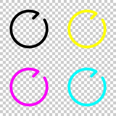 Basit ok, güncelleştirmek, yeniden, saat yönünde, ileri. Gezinti simgesi. Doğrusal sembolü ile ince bir çizgi. Bir çizgi stili. Cmyk simgeleri şeffaf arka plan üzerinde renkli dizi