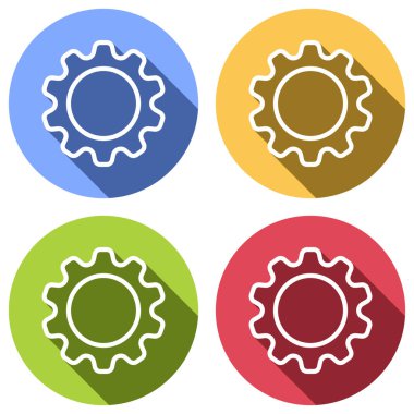 Basit dişli sembolü, ince anahat ile doğrusal simgesi. Mavi, turuncu, yeşil ve kırmızı renkli daireler uzun gölge ile beyaz simgeler kümesi. Etiket tarzı