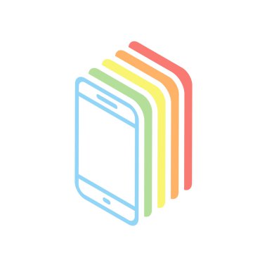 Basit hareket eden telefon simgesi. Doğrusal sembol, ince anahat. Beyaz arka plan üzerinde renkli izometrik simgeler yığını