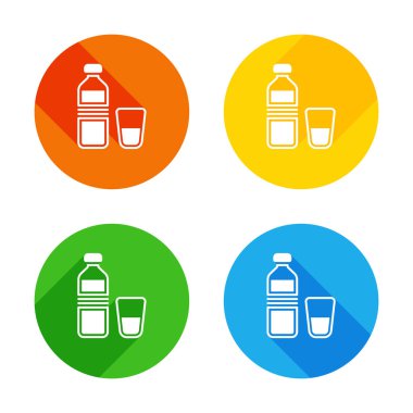 bir şişe su ve cam fincan. basit simgesi. Renkli daireler arka plan düz beyaz simgesi. Dört farklı uzun gölgeler her köşe