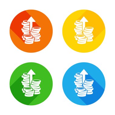 Sikke yığını, vade büyümek, yukarı ok. Renkli daireler arka plan düz beyaz simgesi. Dört farklı uzun gölgeler her köşe