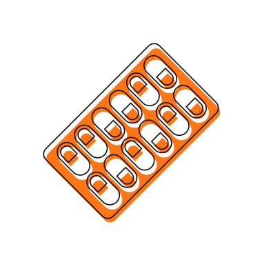 Paketi hapları simgesi. İzole simge siyah ince dağılımı ve farklı katmanlarda doldurma taşındı turuncu oluşan. Beyaz arka plan