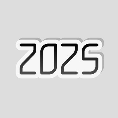 2025 sayı simgesi. Yeni Yılınız Kutlu Olsun. Etiket tarzı ile beyaz ve gri arka plan üzerinde basit gölge