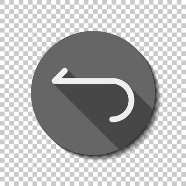 Basit ok, geriye doğru. Gezinti simgesi. Doğrusal sembolü ile ince bir çizgi. Bir çizgi stili. Saydam arka plan üzerinde bir dairede uzun gölge beyaz düz simgesi. Rozet veya etiket stili