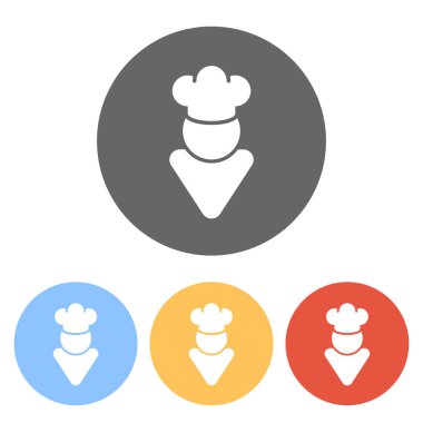 Şapkalı mutfak şefi. Mutfak logosu, basit simgesi. Renkli daireler üzerinde beyaz simgeler kümesi