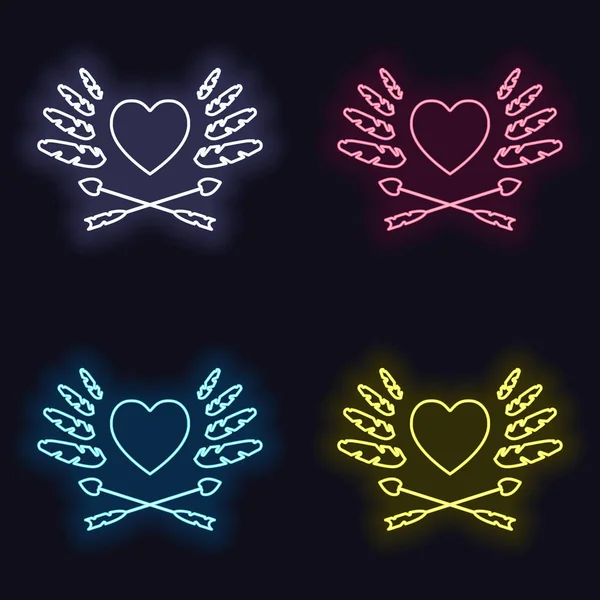 Uncolored Icon Valentines Day Heart Feathers Arrows Set Fashion Neon — Stock Vector