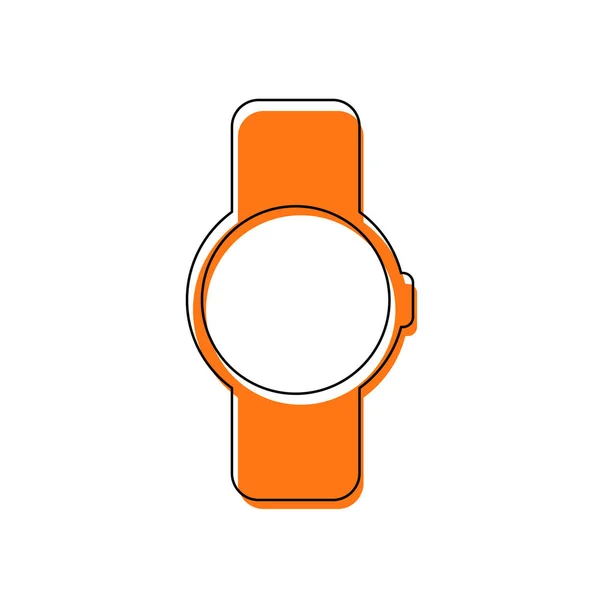 Hand smart watch with round display. Technology icon. Isolated icon consisting of black thin contour and orange moved filling on different layers. White background