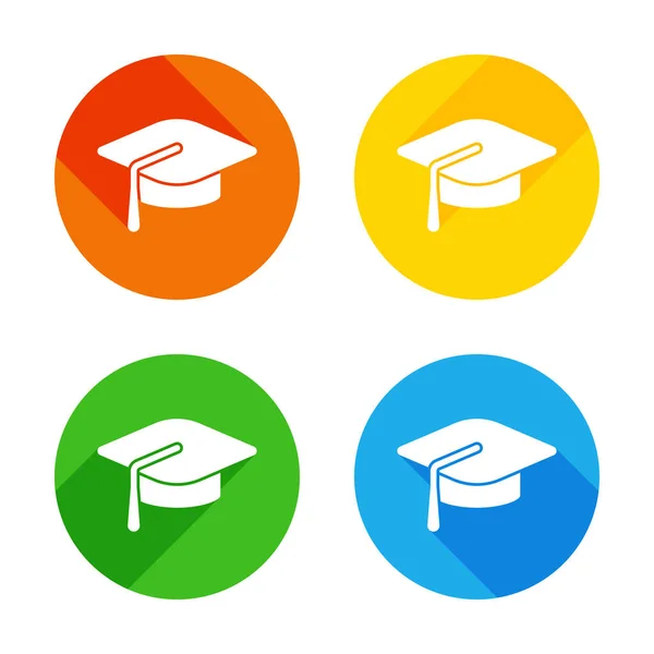 毕业帽 教育图标 彩色圆圈背景上的白色图标 每个角落都有四个不同的长阴影 — 图库矢量图片