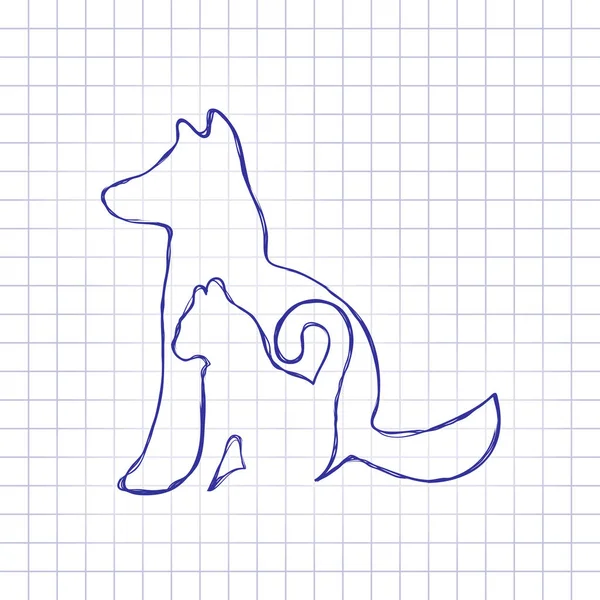 Katze Und Hund Handgezeichnetes Bild Auf Papierblatt Blaue Tinte Skizzenstil — Stockvektor