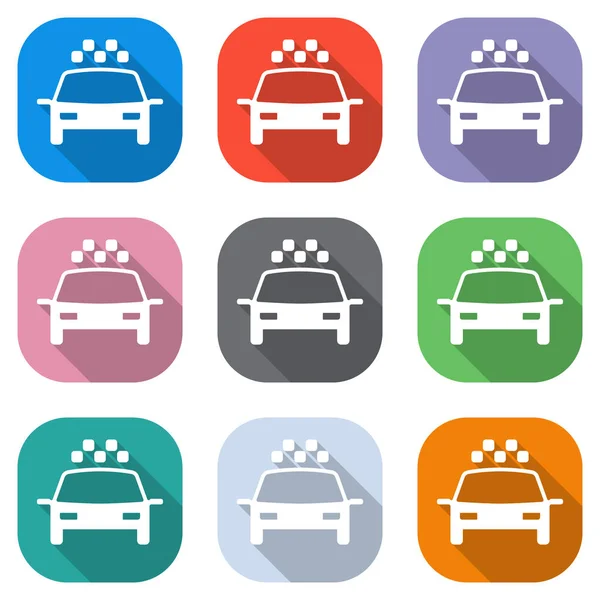 Ταξί Αυτοκίνητο Απλή Εικόνα Σετ Λευκά Εικονίδια Στα Χρωματιστά Τετράγωνα — Διανυσματικό Αρχείο