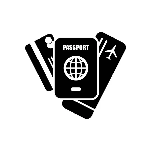 パスポート チケット クレジット カード 空気旅行の概念 白い背景の黒いアイコン — ストックベクタ