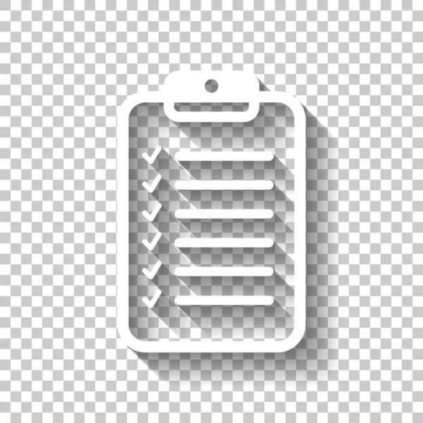 Tablet ve kağıt, onay işaretleri denetim listesi. Doğrusal, ince anahat. Gölge şeffaf arka plan üzerinde beyaz simgesi