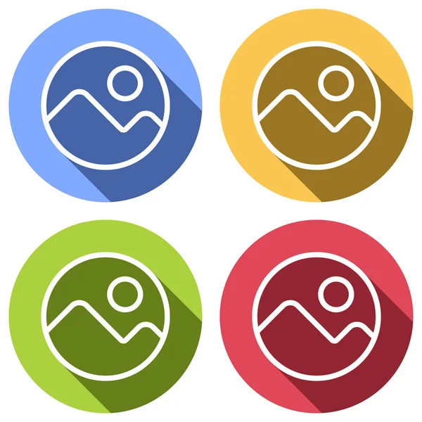 Basit resim simgesi. Doğrusal sembol, ince anahat. Mavi, turuncu, yeşil ve kırmızı renkli daireler uzun gölge ile beyaz simgeler kümesi. Etiket tarzı