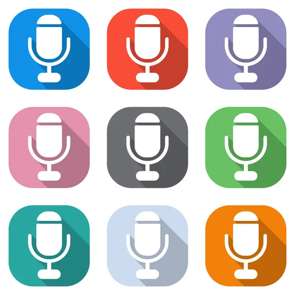 Mikrofon Basit Siluet Beyaz Simgeleri Uygulamalar Için Renkli Kareler Olarak — Stok Vektör