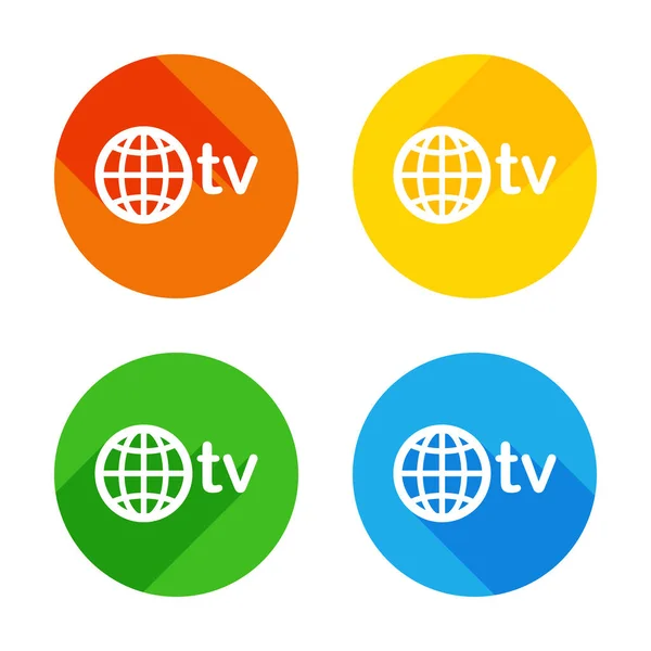 媒体和电视 地球仪和电视领域 彩色圆圈背景上的白色图标 每个角落都有四个不同的长阴影 — 图库矢量图片