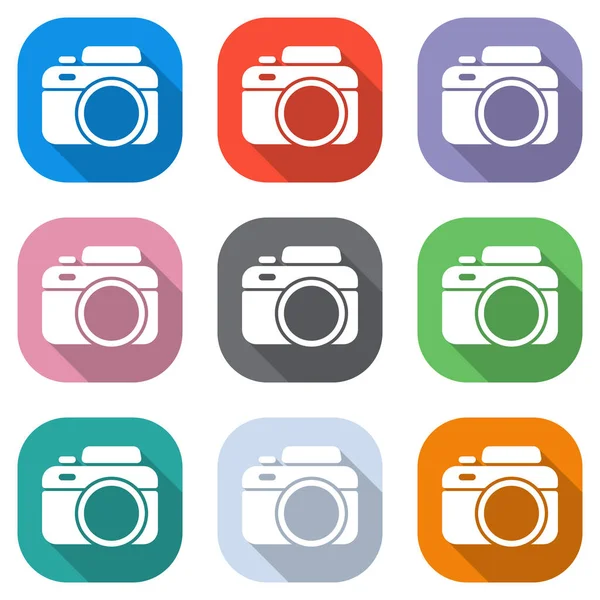 Câmera Fotográfica Ícone Simples Conjunto Ícones Brancos Quadrados Coloridos Para — Vetor de Stock