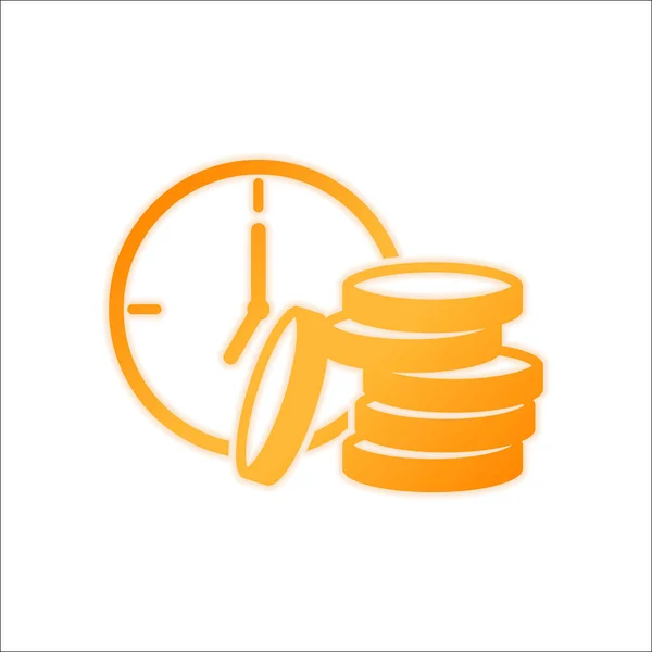 Tiempo Dinero Reloj Pila Monedas Icono Financiero Signo Naranja Con — Vector de stock