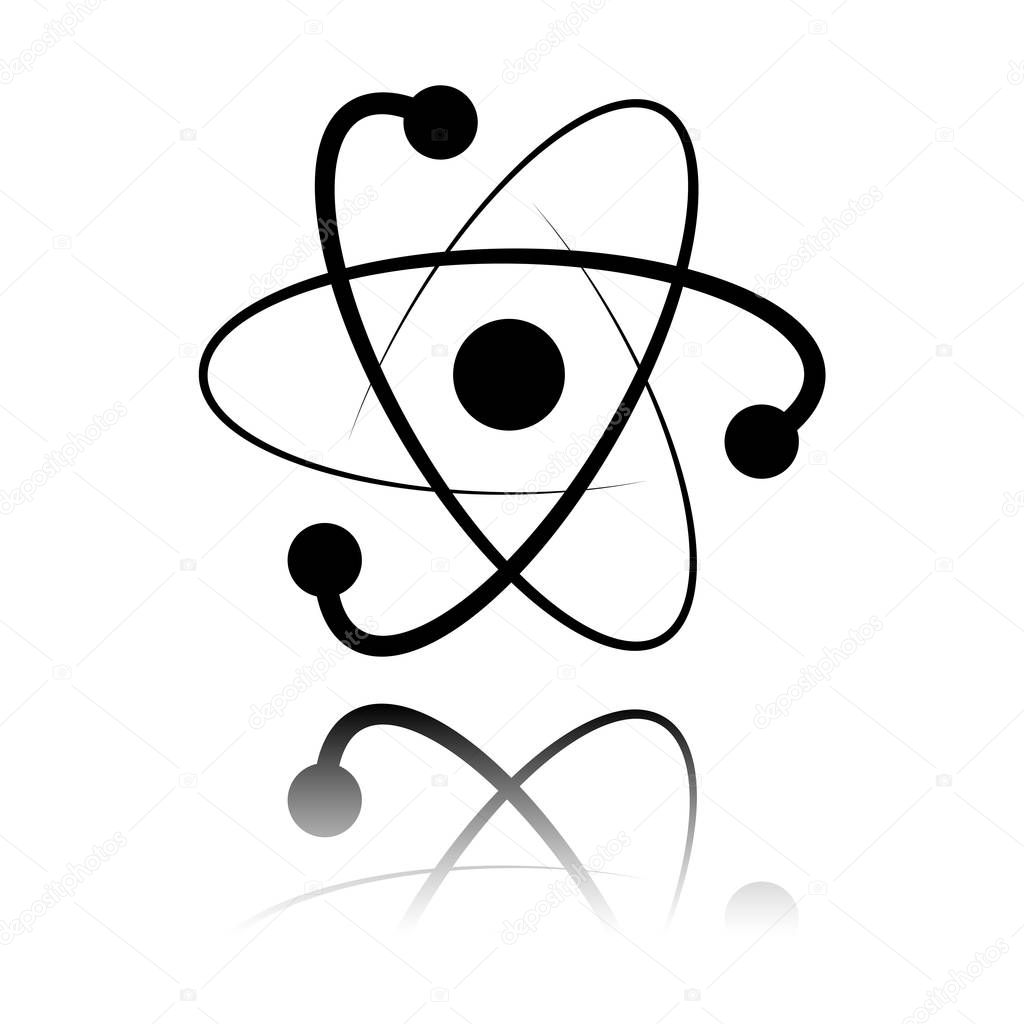 scientific atom symbol, logo, simple icon. Black icon with mirror reflection on white background