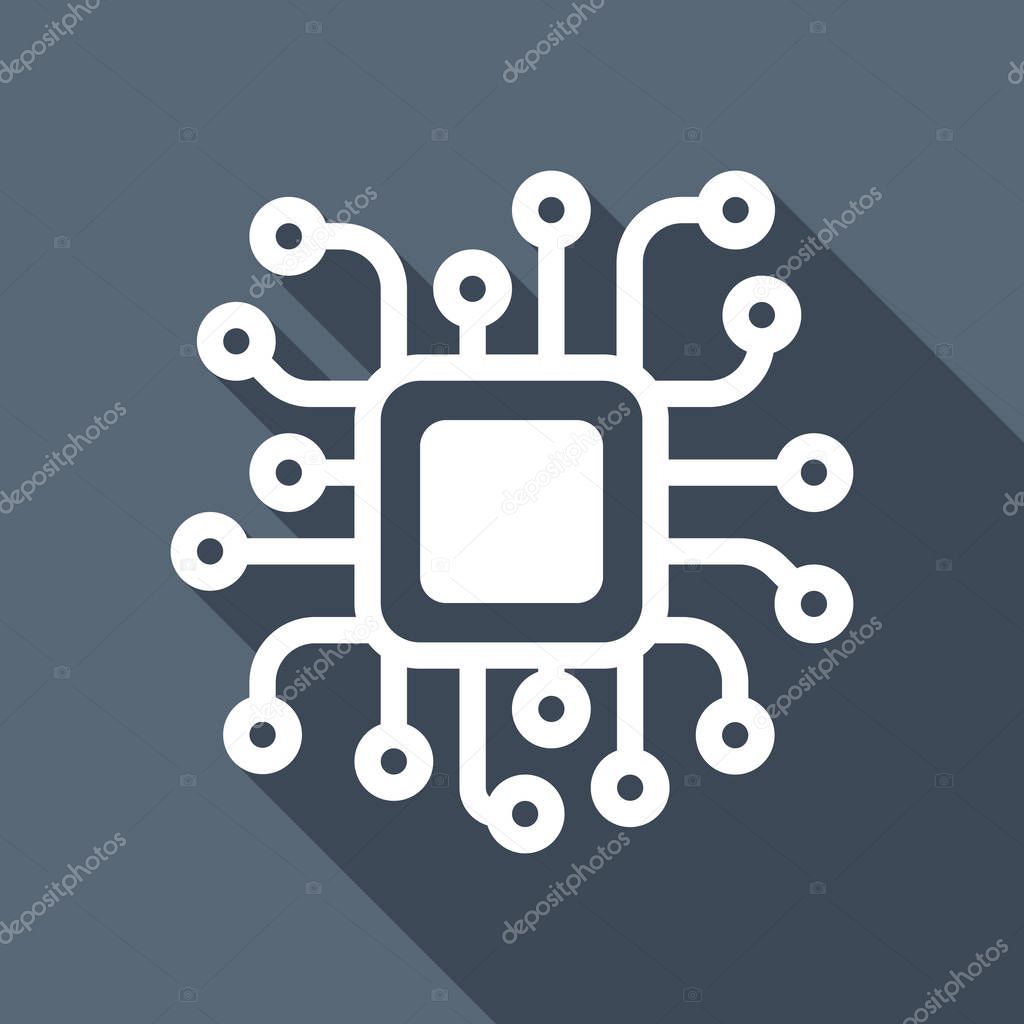 Processor chip, computer microchip, cpu chipset. Technology icon. White flat icon with long shadow on blue background