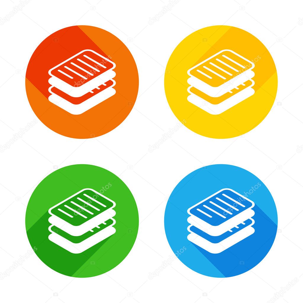 stack of papers, simple symbol or icon. Flat white icon on colored circles background. Four different long shadows in each corners